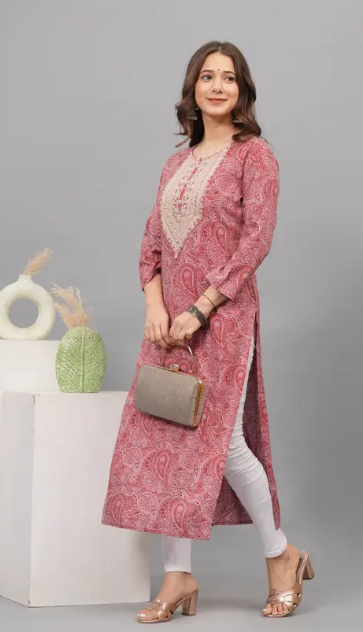 Women Embroidered, Printed Viscose Rayon Straight Kurta  (Maroon, White, Gold)